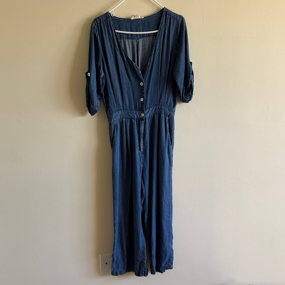 Casual Navy Button-Front Jumpsuit